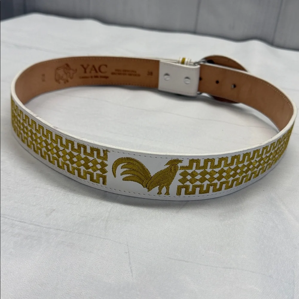 YAC White and Gold Leather and Silk Rooster Design Western Cowboy Belt Size 38